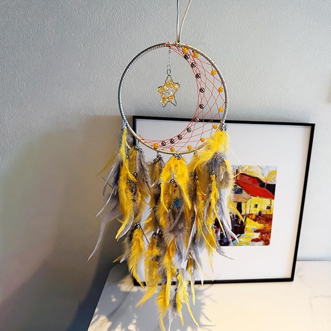 Dream Catcher Tree of Life Wall Decor,Sun Catcher,Moon Dream Catchers for Girl,Boho Bedroom Decor for Home,Handmade Feather Wall Decor Hanging Ornament(Yellow)