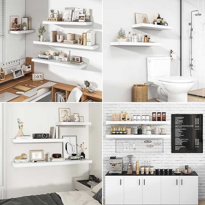 RICHFOCUS 55Inch Floating Shelves for Wall 2 Pack Shelves for Bedroom|Kitchen|Bathroom Wall Mounted Rustic Wood Floating Shelf with Invisible Brackets for Books|Storage|Decor, White