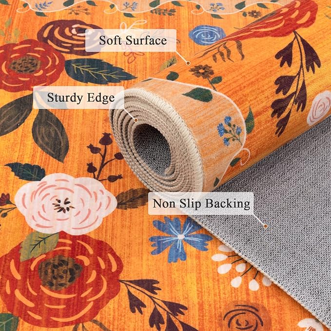 U'Artlines 8x10ft Fall Colorful Floral Area Rug Machine Washable Ultra Soft Low Pile Non Slip Non Shedding Accent Floor Carpet for Living Room, Bedroom, Dining Room, Office (Orange)