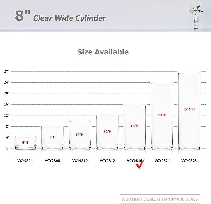 WGV Cylinder Vase, Width 8", Height 16", Clear Wide Large Diameter Flower Glassware, Floral Container, Planter Terrarium for Wedding Party Event, Home Accent Decor, 1 Piece