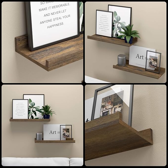 Boswillon Floating Shelves for Wall, Wall Mounted Shelves Set of 2, Rustic Shelves with Lip, Display Picture Ledge Shelf for Wall Decor Living Room Bathroom Kitchen - Brown