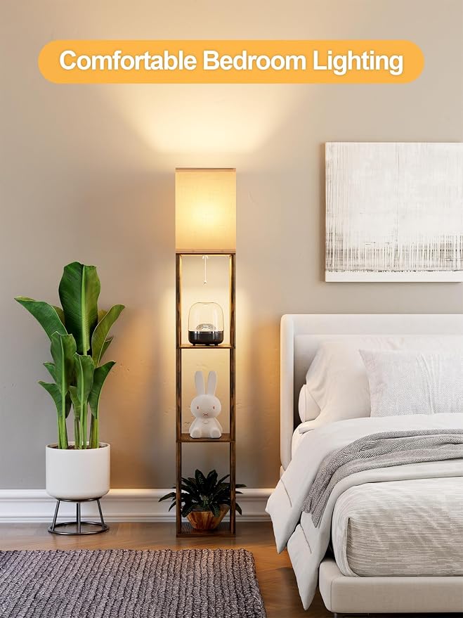 Floor Lamp with Shelves for Living Room Brown, Shelf Floor Lamp with 3 CCT LED Bulb, Corner Display Standing Column Lamp Etagere Organizer Tower Nightstand with White Linen Shade for Bedroom