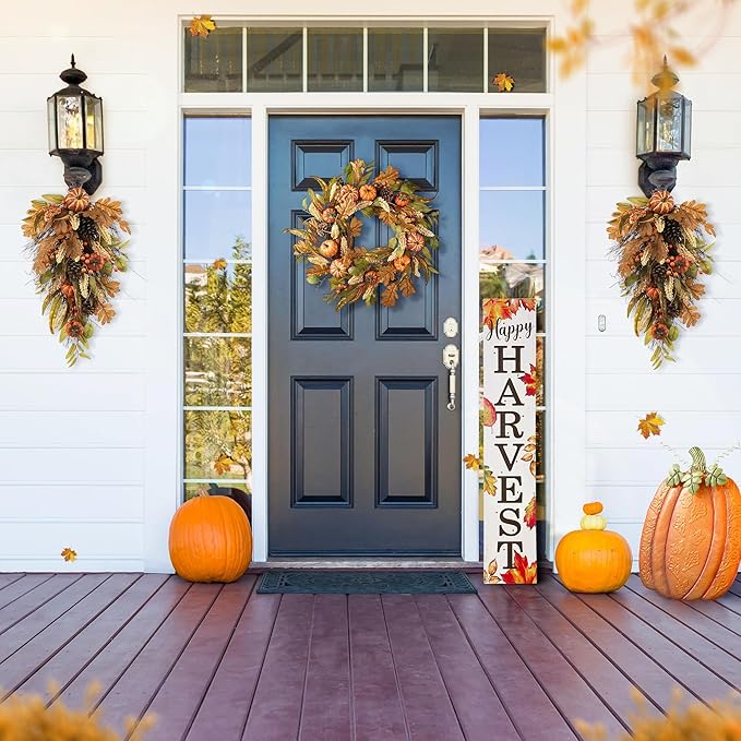 Glitzhome 2 Pcs Fall Teardrop Swags for Front Door, Artificial Wall Decorative Swags with Leaf & Pumpkins & Pine Cones & Berries for Home Porch Wall Window Halloween Thanksgiving Indoor Outdoor Decor