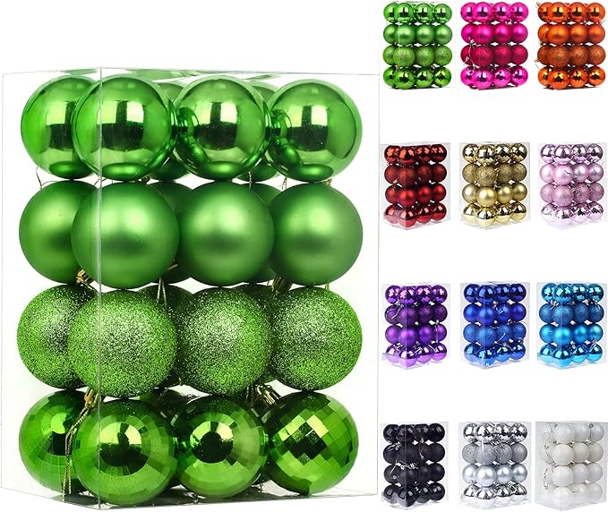 Emopeak 24Pcs Christmas Balls Ornaments for Xmas Christmas Tree - 4 Style Shatterproof Christmas Tree Decorations Hanging Ball for Holiday Wedding Party Decoration (Grass Green, 1.6"/4.2CM)