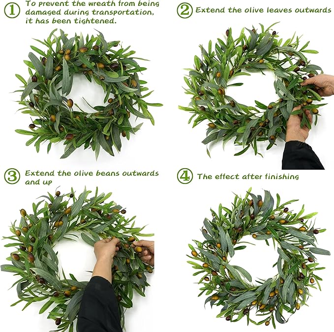 AMF0RESJ 20 inches Artificial Green Olive Wreath Greenery Wreath with Olive Leaves, Bean for Front Door Indoor Outdoor Farmhouse Home Wall Window Festival Wedding Decor, White Gift Box Included