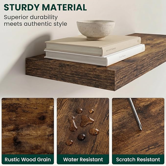 Floating Shelves for Wall 55 in x 9.3 in Deep, Wall Mounted Rustic Wood Shelf with Invisible Brackets for Storage & Display, Living Room Bedroom Bathroom, Brown, 1 Pack