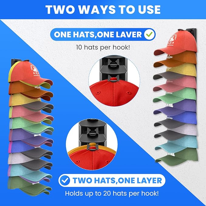 Baseball Cap Storage Rack Wall Mounted - 2-Pack - Holds 40 Caps, Space-Saving Storage and Display Rack - Strong Adhesive Wall Mount - No Drilling Required for Wall and Door Installation (Black)