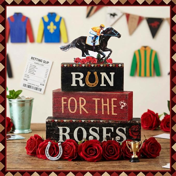 Yuntau 4 Pcs Derby Day Party Decorations Horse Centerpieces for Tables Run for the Roses Table Signs Horsing Racing Wooden Decorations for Derby Shelf Office Festival Party Supplies