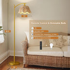 Oneach Arc Floor Lamp for Living Room with 3 Color Temperatures, Rattan Boho Floor Lamp with Hand-Woven Wicker Shade,Farmhouse Floor Lamps with Remote & Dimmable Bulb, Suitable for Bedroom（Gold）