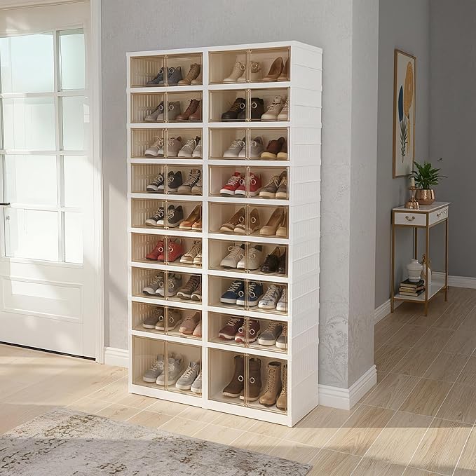 Collapsible Shoe Rack Organizer 9 Tiers-36 Pairs Foldable Shoe Cabinet with Doors, Shoe Storage Rack for Closet and Entryway, Large Plastic Folding Shoe Cabinet, Easy Assembly Shoe Shelves Organizer