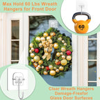 JUUBAOOPN 8 Pack Heavy-Duty Wreath Hangers for Front Door – Seasonal Christmas & Halloween Decorations, Over-The-Door Hooks Organizer, Clear Adhesive Hooks