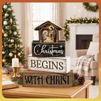 Moucuny 4 Pcs Christmas Table Decoration Christian Wooden Stacked Block Decor, Christmas Begins with Christ Signs with Nativity Scene Topper, Rustic Religious Xmas Tiered Tray Decor for Home Church
