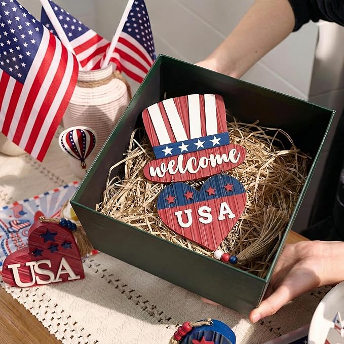 Valery Madelyn 4th of July Wreath, Patriotic Wreath for Front Door, Red White and Blue Top Hat and Heart Wall Signs for Memorial Day Independence Day USA 250th Anniversary, 22 inch