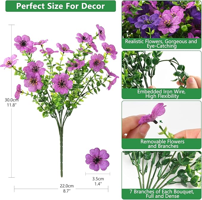 Homsunny Artificial Fake Flowers Faux Plants for Outdoors, 12 Bundles Silk Flowers Outside Spring Decor, Multicolor Faux Daisy Eucalyptus Realistic UV Resisitant for Planter Front Porch Garden Patio