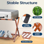 Whitmor Bamboo Luggage Rack with Bottom Shelf, Foldable Suitcase Stand, Heavy Duty Storage Shelf, 5 Nylon Straps & X-shaped Frame, Fully Assembled Walnut Luggage Holder for Guest Room, Bedroom, Hotel