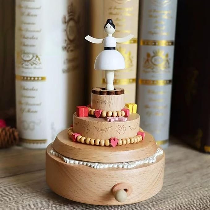 Natural Solid Wood Handcrafted Beech Wooden, Musical FigureTotoro/Carousel/Fairy/Ballerina Figurine,Rotating Hand Crank Mechanism Music Box,Musical Decorations (Lovely Girl's Birthday Cake)