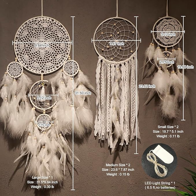 5 Pack Boho Dream Catcher Wall Hanging - White Handmade Dream Catchers Large Small Wall Decor for Bedroom Adult Sun and Moon Bohemian Hanging Decor Wedding Party Decoration for Women Teen Girls