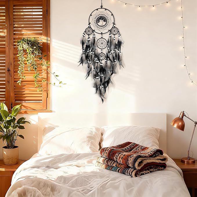 Dream Catchers,Large Dream Catchers for Bedroom Adult Black Boho Dream Catcher Tree of Life Wall Decor with Natural Healing Crystal Stone Hanging Ornament Teen Dorm Room Decor Festival Gift