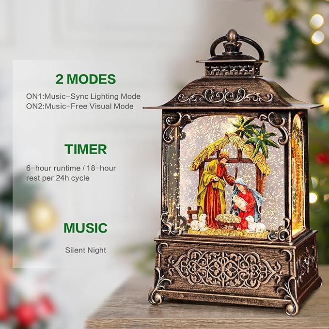 Christmas Snow Globes Lantern with Music, Jesus Christ Nativity Scene Snow Globe with Swirling Glitter Effects, USB/Battery Powered with 6-Hour Timer, Christmas Decorations