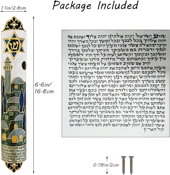 Hand Painted Mezuzah, Exquisite Enamel Mezuzah with Star of David and Jerusalem Motifs