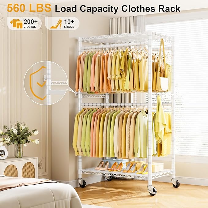 P4 Rolling Clothes Rack Heavy Duty, Clothing Racks for Hanging Clothes, Freestanding Garment Racks with Wheels, Metal Portable Closet Rack 35.5''W × 20.5''D × 80.5''H, Max Load 560Lbs, White