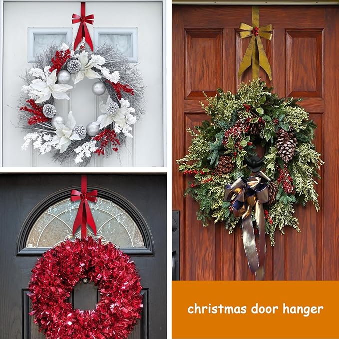 Bow Shape Metal Door Wreath Hanger, Christmas Wreath Hooks for Front Door, Decorative Wreath Hangers for Front Door - Over The Door No Drill Hold for Holiday Garland & Decor