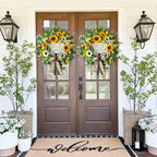 Spring Wreaths for Front Door 24 Inch Handmade Spring Summer Wreath with Artificial Sunflowers,Welcome Message Sign & Elegant Bow and White Yellow Daisy Wildflowers for Home,Porch&Gift Giving