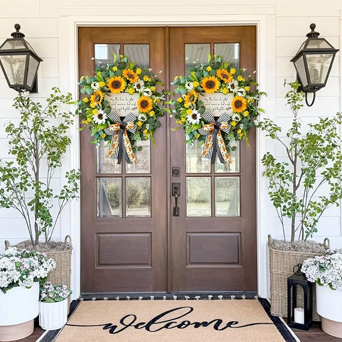 Spring Wreaths for Front Door 24 Inch Handmade Spring Summer Wreath with Artificial Sunflowers,Welcome Message Sign & Elegant Bow and White Yellow Daisy Wildflowers for Home,Porch&Gift Giving
