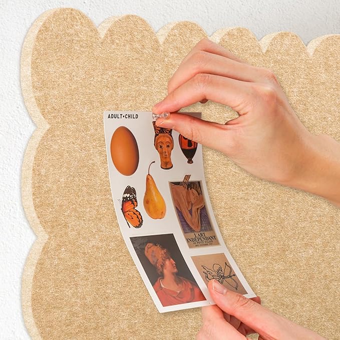 Lightomorrow Scalloped Bulletin Board, 24 x 18 Inches Felt Pin Board - Decorative Cork Alternative for Wall, Foldable Picture Self-Adhesive Vision Prayer Board with 20 Pushpins - Beige Brown