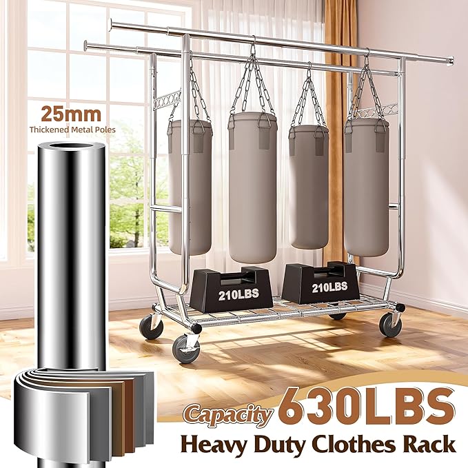 Raybee Clothes Rack Load 630LBS, Heavy Duty Clothes Rack, Rolling Clothing Racks for Hanging Clothes with Wheels, Adjustable & Commercial Garment Rack, 22" D x 75" W x 68" H