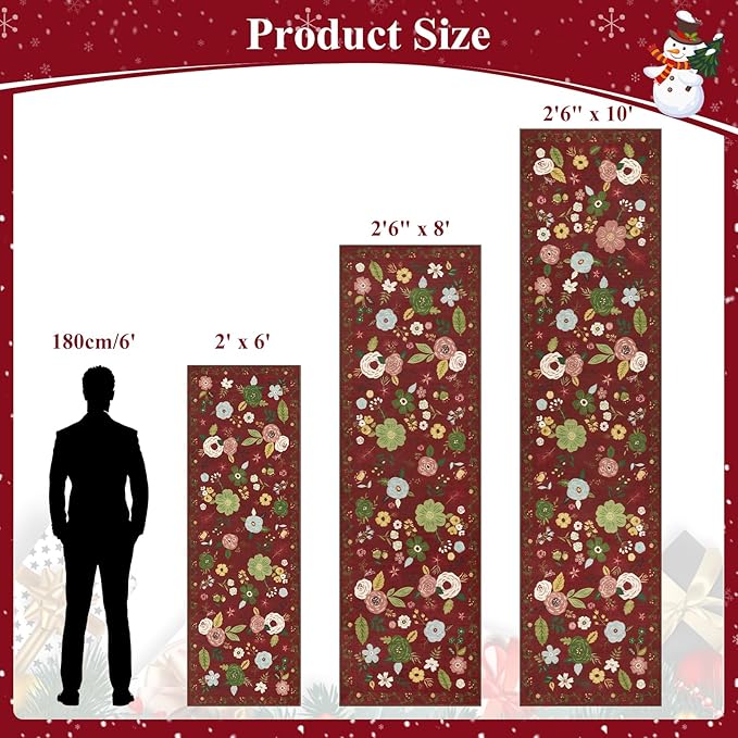 U'Artlines Red Christmas Runner Rug for Hallways,2'6" x 8'Colorful Floral Carpet Soft Non Slip Washable Floor Carpet Runners for Entryway Laundry Room Bathroom (Red)