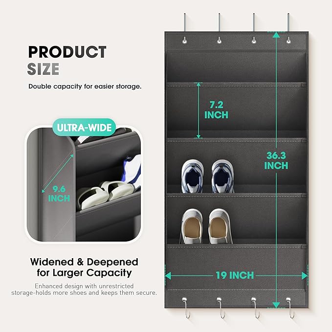 WVM Over The Door Shoe Organizer with Large Deep Pockets, Hanging Closet Shoe Rack for Large Shoes, Boots, Multifunctional Entryway Door Hanger with Hooks