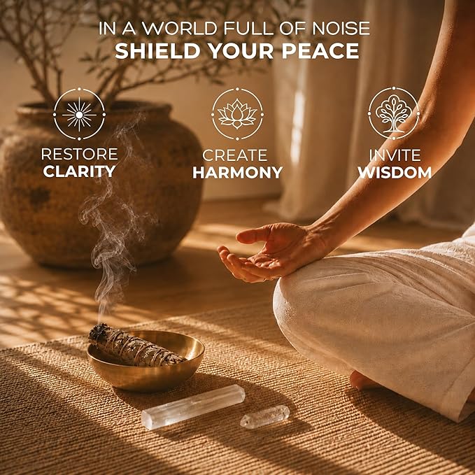 Anima Premium Energy Cleansing Set – White Sage Smudge Sticks, Palo Santo Sticks, Clear Quartz & Selenite Crystal with Smudge Bowl for Crystals & Home Cleansing, Meditation & Manifestation