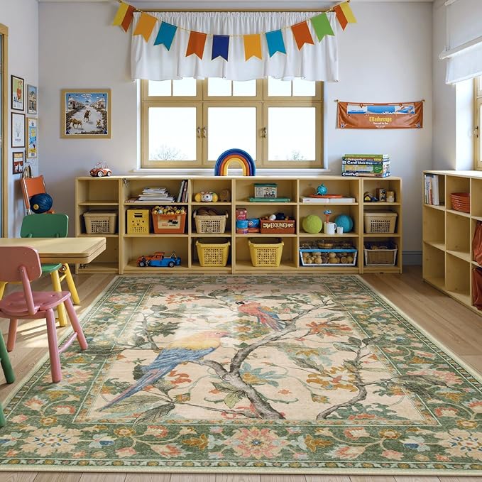 Lahome Botanical Birds Washable Green Rugs for Living Room, 8x10 Dining Room Rugs for Under Table, Large Vintage Indoor Floor Carpet for Bedroom Home Office (8x10ft,Green)
