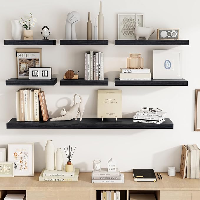 Acovy 16 Inch Floating Shelves, 16"x9.25"x1.5" Inch Deep Floating Shelves for Wall, Wooden Shelves for Bathroom, Bedroom, Living Room, Black