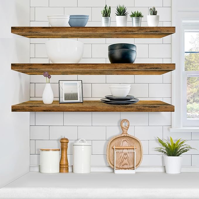 Sorbus Floating Shelves for Wall - 48 Inch Long Bathroom Shelves, Wall Decor for Bedroom, Kitchen, Living Room & Book Storage - Mounted Floating Shelf with Invisible Brackets (Rustic Brown, 3 Pack)