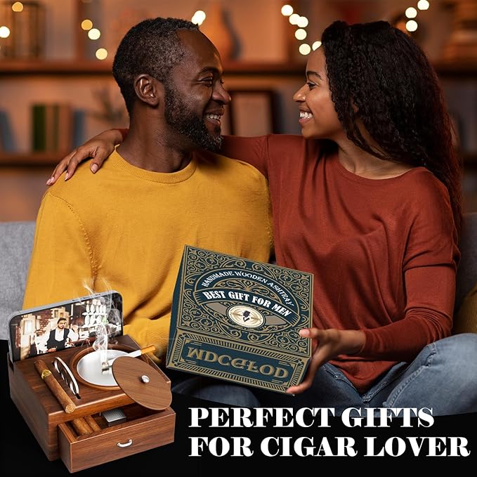 Father Day Gifts Wood Cigar Ashtray Cigarettes Ashtrays for Indoor Outdoor Patio Home Office Use Square Wooden Brown Cigar Ash Tray Father s Day Gift Ideas for Men with GIFT BOX(with Drawer)