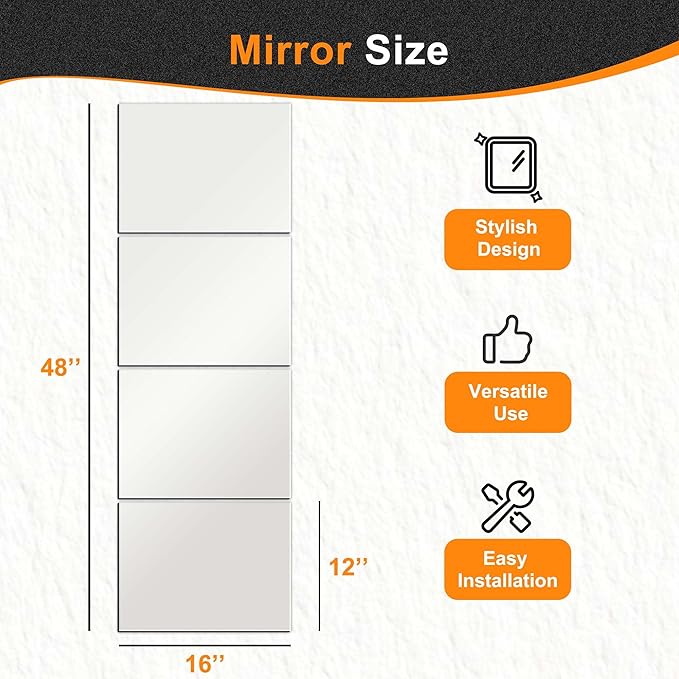 Delma Wall Mirror Full Length,Mirror Tiles,Full Body Mirrors for Home Gym(Glass,16x12''-4PCS),Over The Door,Entryway,Living Room,Bedroom,(Glass - 16'' x 12'' - 4PCS)