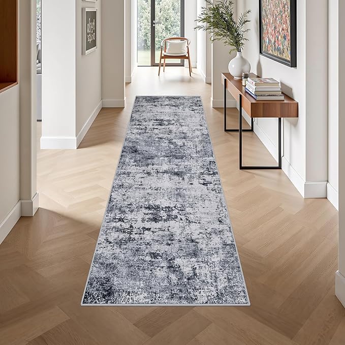 2.6'x10' Runner Rug Washable Rug: Modern Abstract Soft Thin Runner Rug Grey
