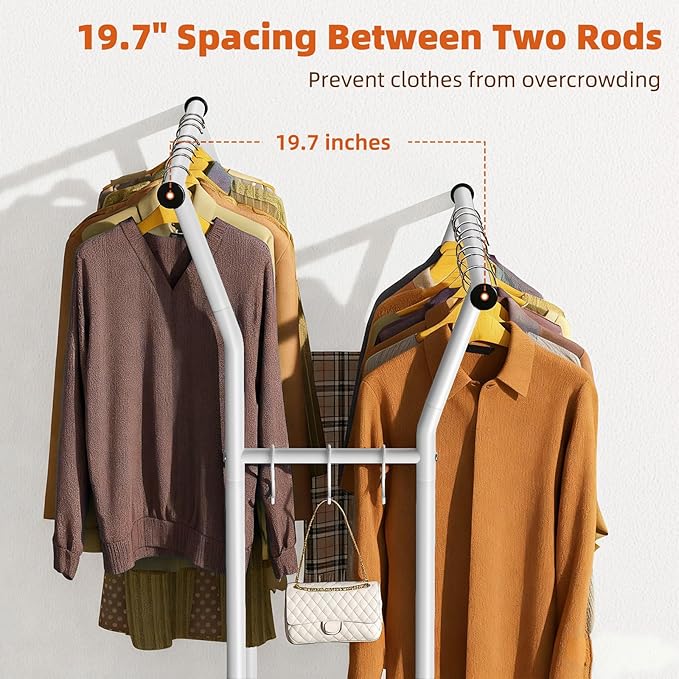 Luxspire Double Rods Clothes Rack for Hanging Clothes, Rolling Clothing Rack with Side Hooks, Bottom Shelves, 360° Wheels, Garment Racks for Bedroom, Laundry, Living Room, White