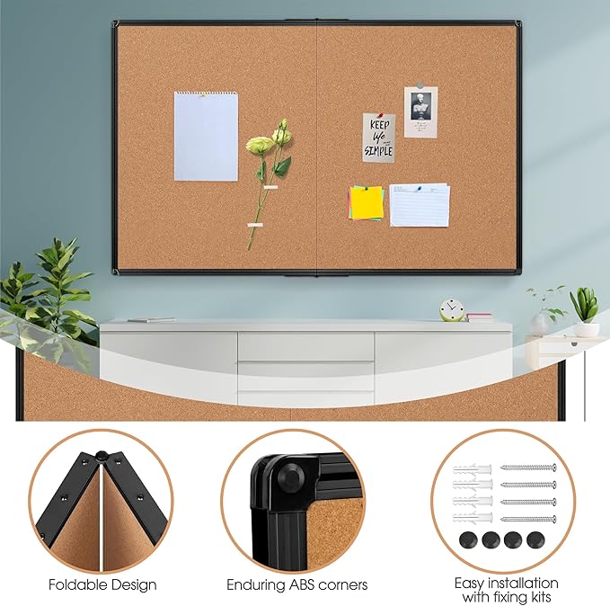 Extra Large Cork Bulletin Board 72" X 48", Foldable Notice Pin Board for Wall, Black Aluminium Framed 6'x4' Corkboard, Wall Mounted Noticeboard with 32 Push Pins for School, Home & Office