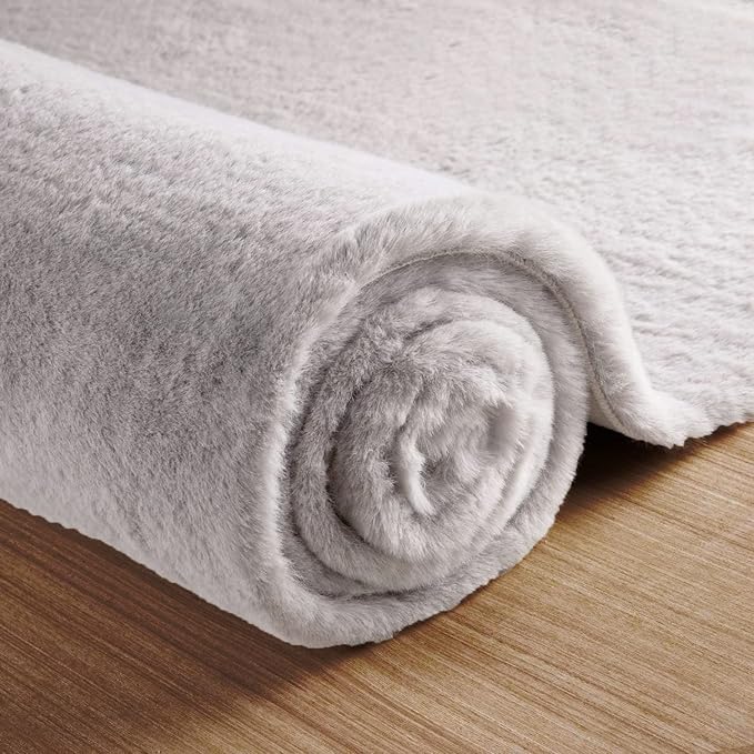 Grey Fluffy Faux Rabbit Washable Furry Fur Area Rugs for Bedroom Large Fuzzy Rug for Living Room Nursery Runner Rugs for Hallway 2x8 Rectangle Rug