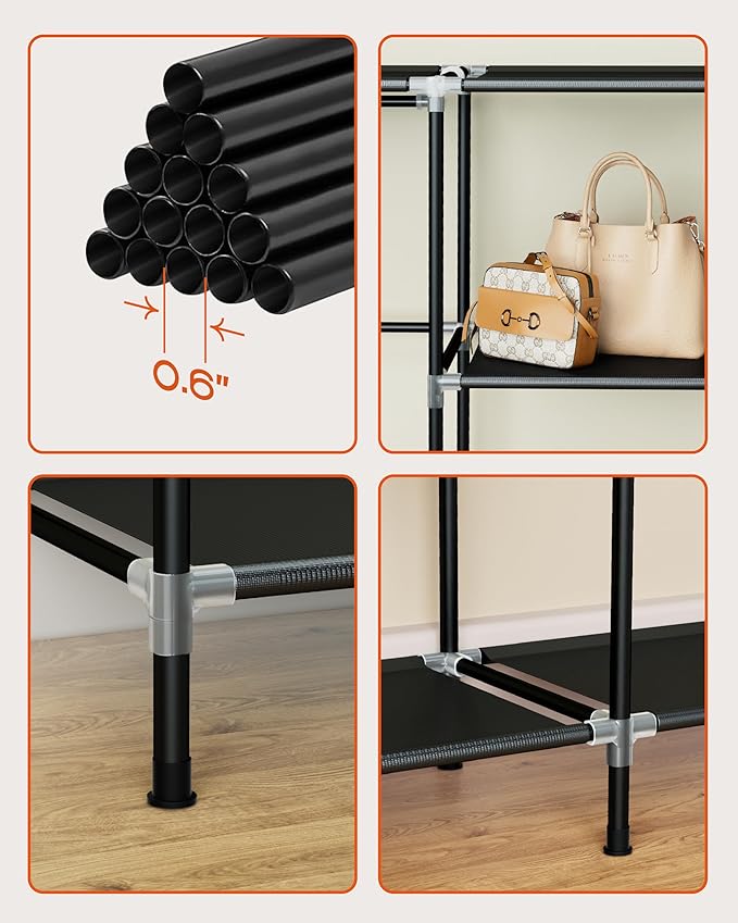 Portable Closet, 51.2 Inch Large Capacity Wardrobe Closet with Cover, Clothes Storage Organizer with Shelves and 3 Hanging Rods, Easy to Assembly, Black PCT203B01