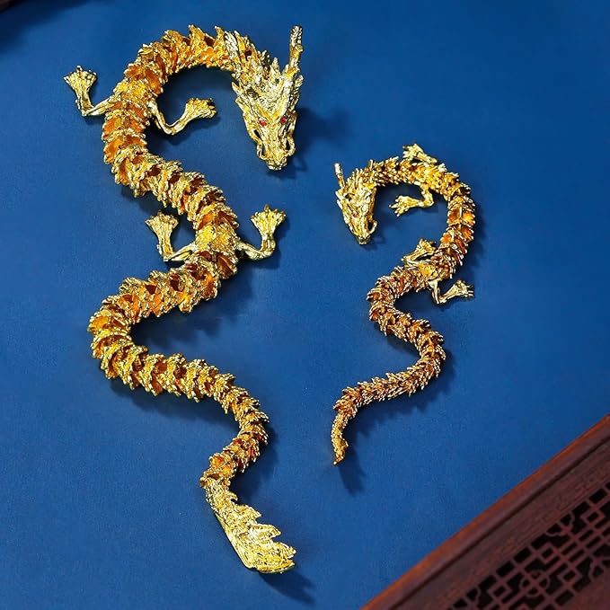 LIYAOLI Golden 3D Articulated Dragon 2024 Chinese Statue - 15 Inch Brass Gold Luck Dragon for Home Office Desk Decoration With Red Gemstone Bead