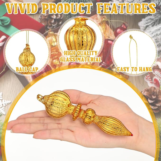 Mifoci 8 Pcs 6 Inch Mercury Glass Finial Christmas Ornaments Hanging Christmas Finials Glass Ornaments Assorted Mercury Decor for Vintage Holiday Xmas Tree Decoration(Red, Gold)