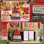 Lineshading 4 Pcs Summer Table Decor Wooden Watermelon Tiered Tray Decor Rustic Farmhouse Watermelon Block Signs Gifts Summer Tabletop Centerpieces for Home Kitchen Coffee Bar Decorations