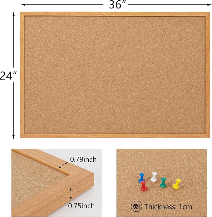 2 Pack Cork Board Bulletin Board 24 x 36, Wood Framed Corkboards for Wall Decor, Hanging Office Message Board, Large Wall Mounted Notice Pin Board with 30 Push Pins for School, Home & Office