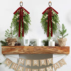 nuvagiki Christmas Teardrop Swag Decorations, 24'' Christmas Teardrop Wreath Artificial Pine Needle Berries Hanging Decor, Red Velvet Bow Swag Decorations for Front Door Mantle Wall Indoor Home Decor