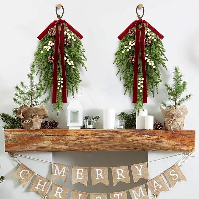 nuvagiki Christmas Teardrop Swag Decorations, 24'' Christmas Teardrop Wreath Artificial Pine Needle Berries Hanging Decor, Red Velvet Bow Swag Decorations for Front Door Mantle Wall Indoor Home Decor