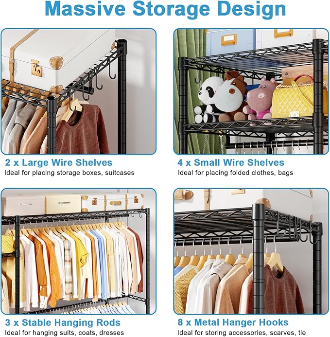 Ulif F7 Plus Garment Rack, Heavy Duty Clothes Rack, Clothing Racks for Hanging Clothes, 6-Tiers Freestanding Portable Closet Storage Rack 68'' W × 14.6'' D × 76.6'' H, Max Load 850 Lbs, Black